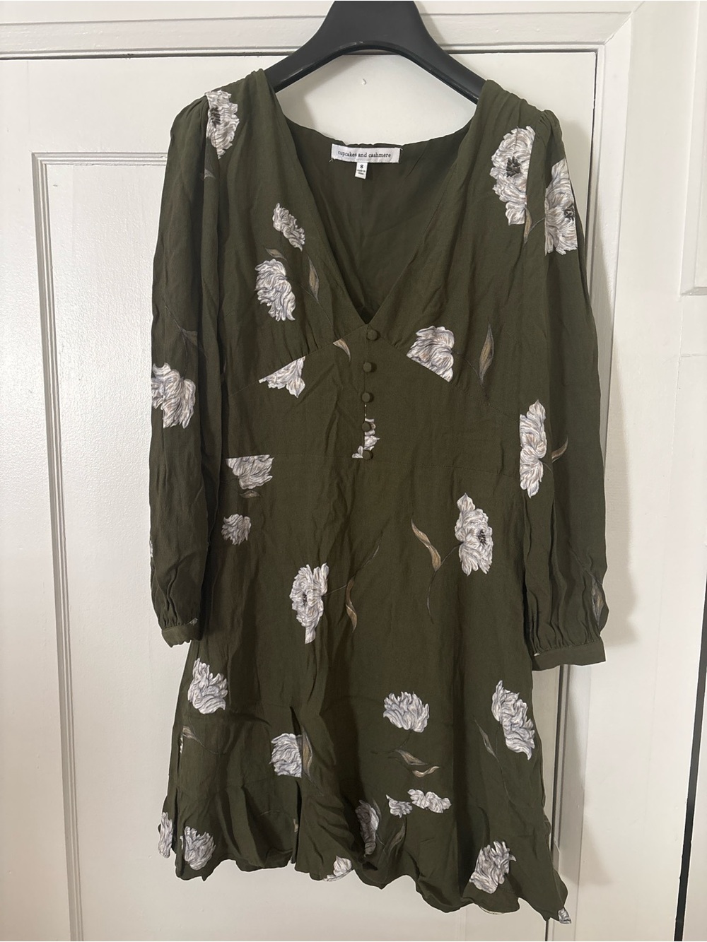 Olive Green Floral V-Neck Women’s Dress